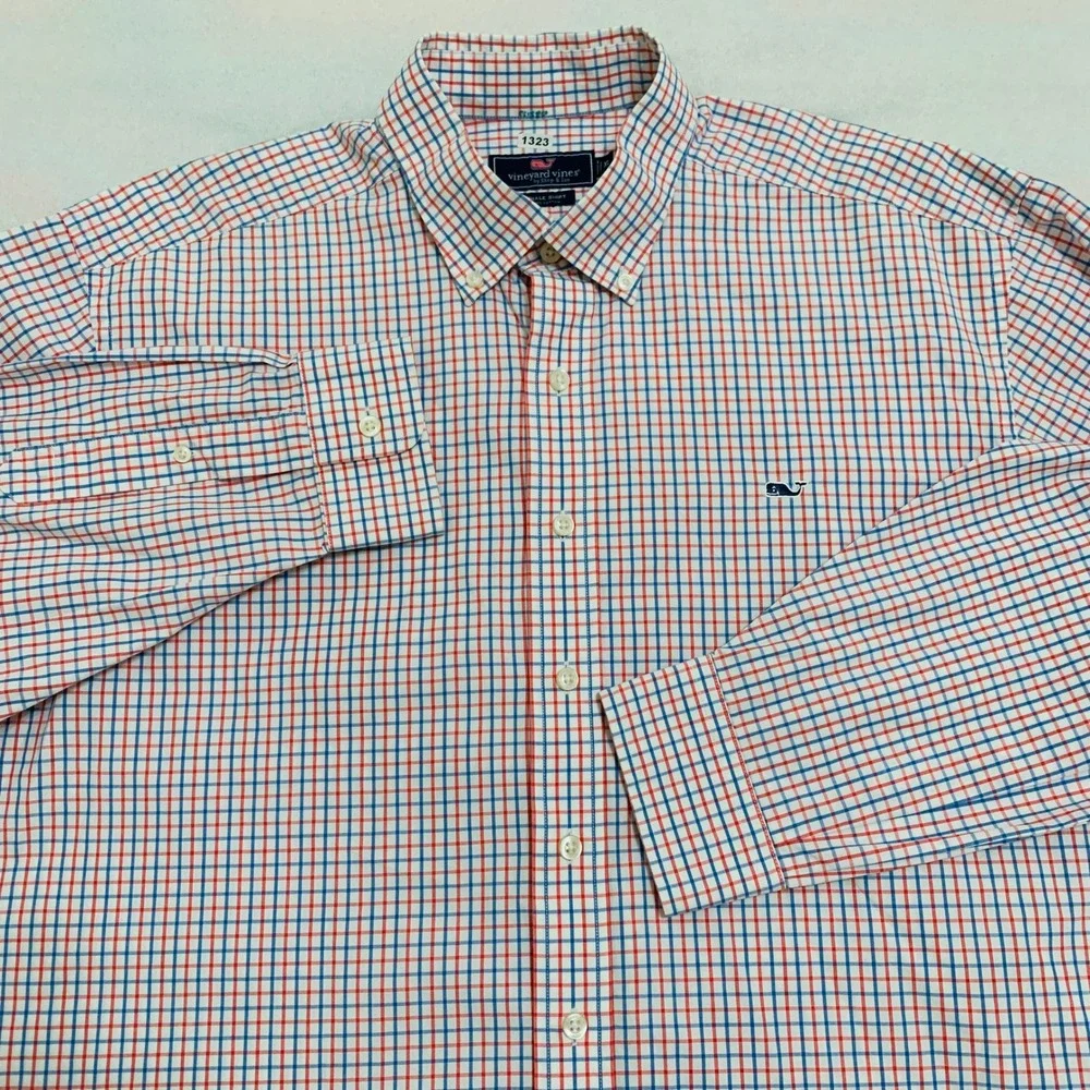 Vineyard Vines Whale Shirt Mens XL Red Blue Check Long Sleeve Button Down Cotton